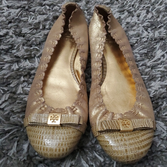 Tory Burch Romy Gold Ballet Flats Snakeskin Size 7 - Picture 2 of 8